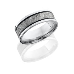 Cobalt Chrome 7.5mm Flat Band with 4mm Meteorite inlay and Two Antiqued Grooves