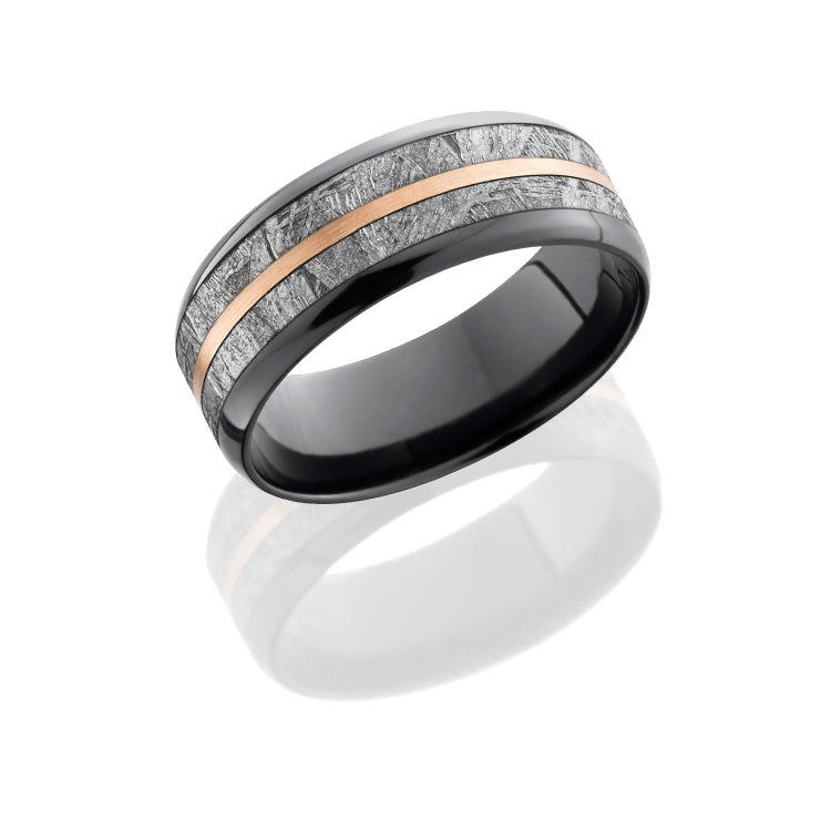 Zirconium 8mm beveled band with 5mm meteorite inlay and 1mm 14KR center