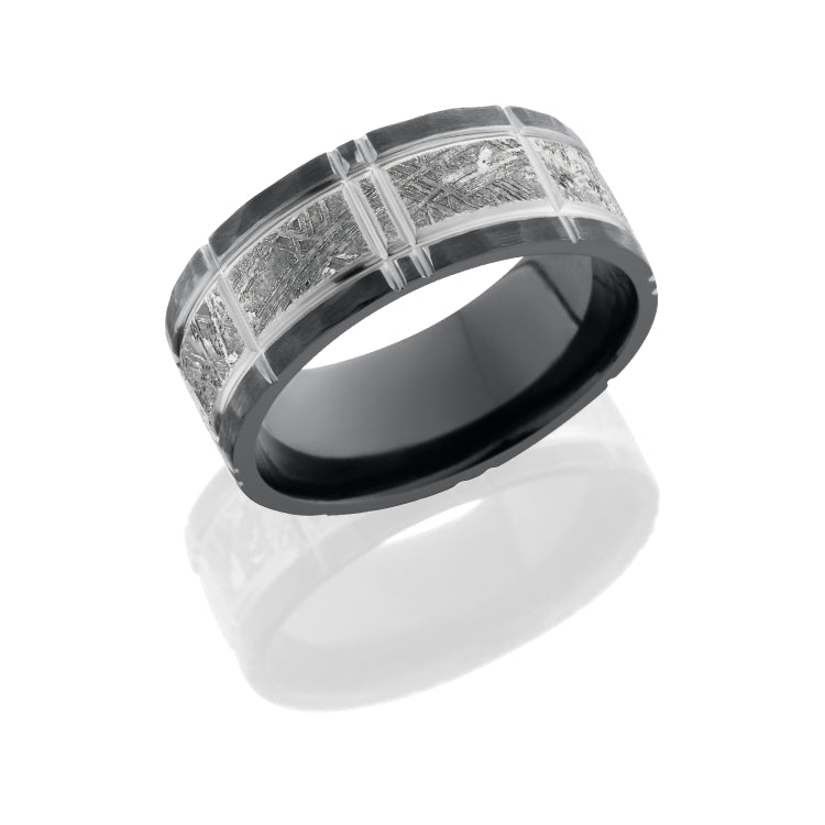 Zirconium 8.5mm Flat Band with 5mm Meteorite inlay and Crosshatch Pattern