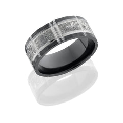 Zirconium 8.5mm Flat Band with 5mm Meteorite inlay and Crosshatch Pattern