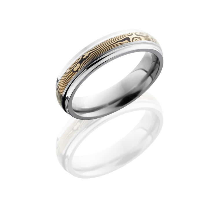 Titanium 5mm Domed Band with Grooved Edges and 14KW and Shakudo Mokume