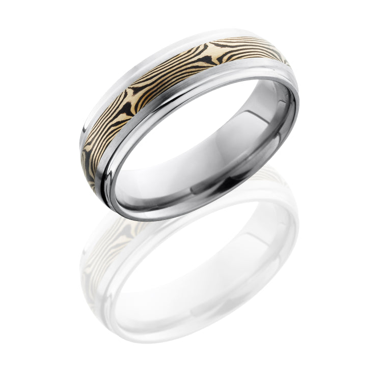 Titanium 7mm Domed Band with Grooved Edges and 14KW and Shakudo Mokume