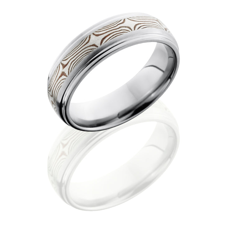 Titanium 7mm Domed Band with Grooved Edges and SS and Shakudo Mokume