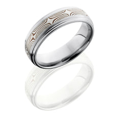 Titanium 7mm Domed Band with Grooved Edges and SS and Shakudo Mokume