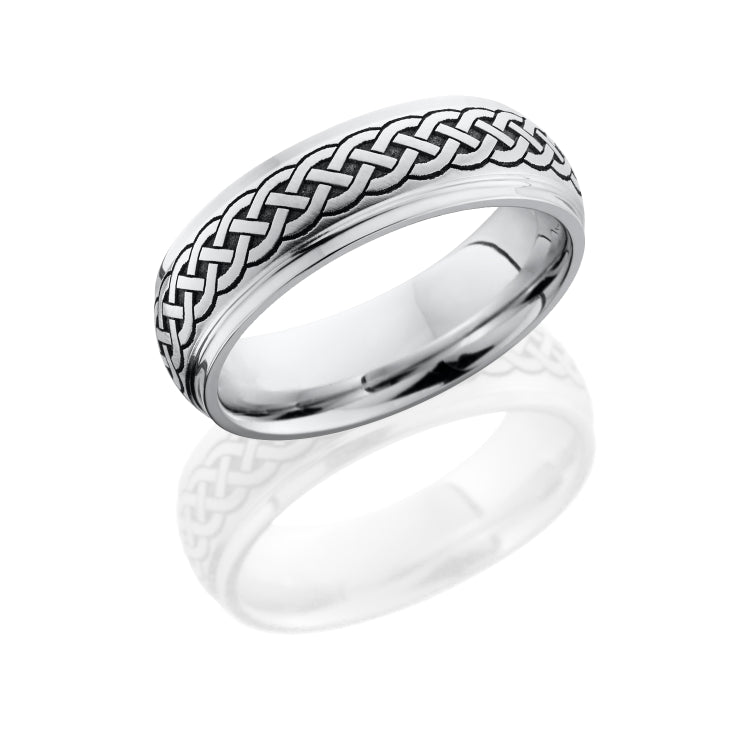 Titanium 7mm Domed Band with Grooved Edges and Laser Carved Celtic Pattern