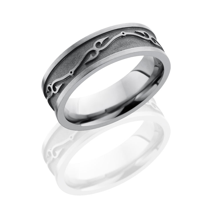 Titanium 7mm Flat Band with Fish Hooks Pattern
