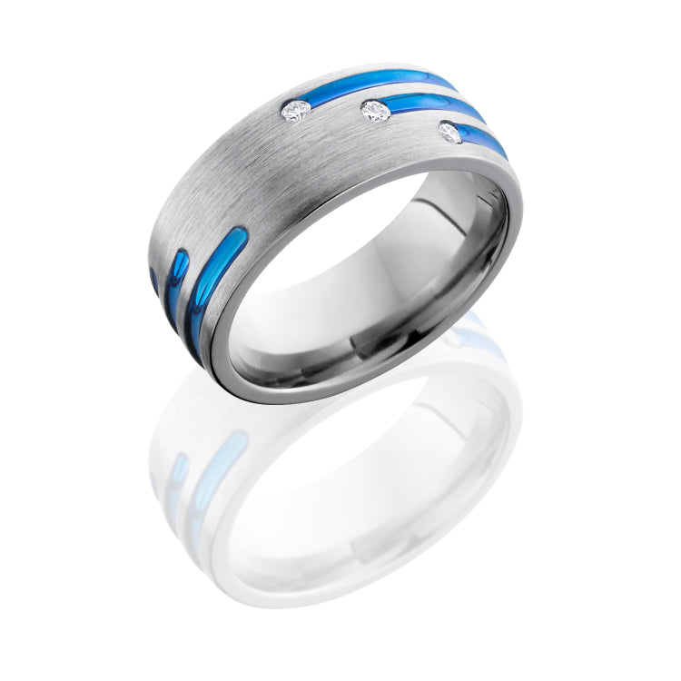 Titanium 8mm Domed Band with Blue Anodized Stripes and Flush Set White Round Diamonds