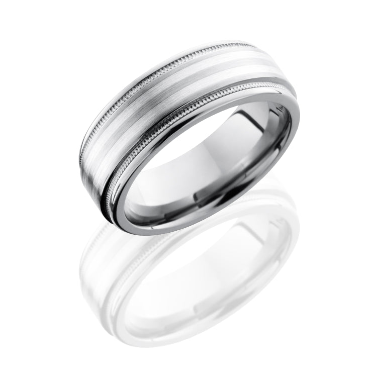Titanium 8mm Flat Band with Rounded Edges, Milgrain, and 2mm SS