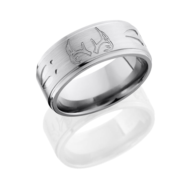 Titanium 9mm flat band with grooved edges with deer antler and tracks pattern