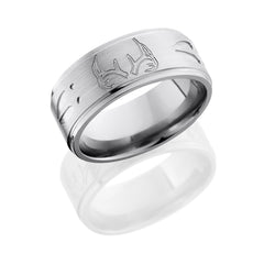 Titanium 9mm flat band with grooved edges with deer antler and tracks pattern