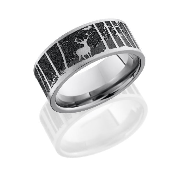 Titanium 9mm flat band with a laser carved elk pattern with mountain background