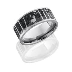 Titanium 9mm flat band with a laser carved elk pattern with mountain background