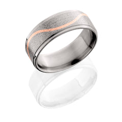 Titanium 8mm raised center band with 14K Rose Gold wave pattern down the center