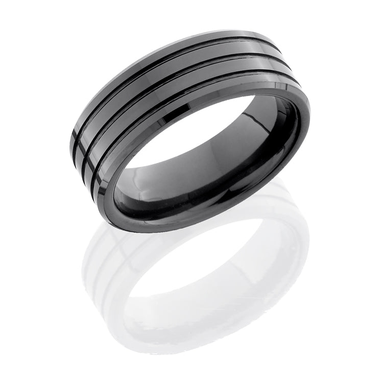 Black Ceramic 8mm Flat Band with Beveled Edges and Three 1mm Grooves