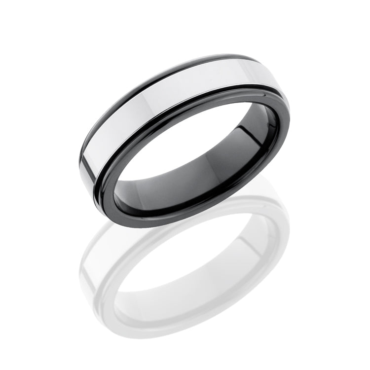 Tungsten and Ceramic 6mm Flat Band with Raised Center, Rounded Edges, and Grooves