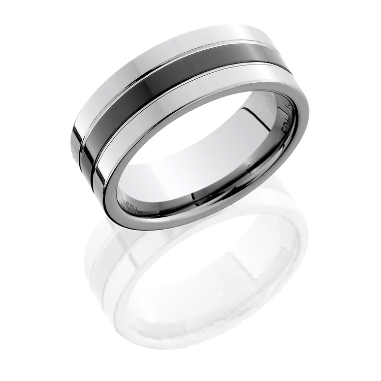 Tungsten and Ceramic 8mm Flat Band with Grooves