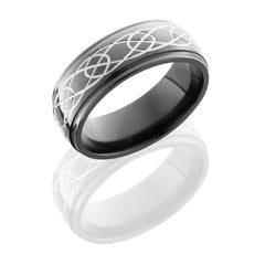 Zirconium 8mm Domed Band with Grooved Edges and Celtic Pattern