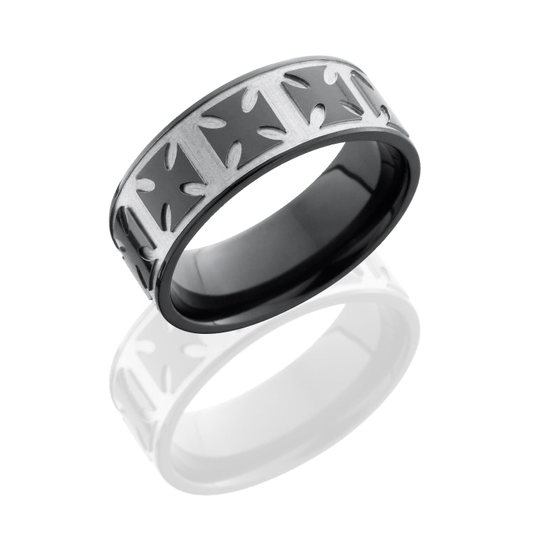 Zirconium 8mm Flat Band with Maltese Cross Pattern