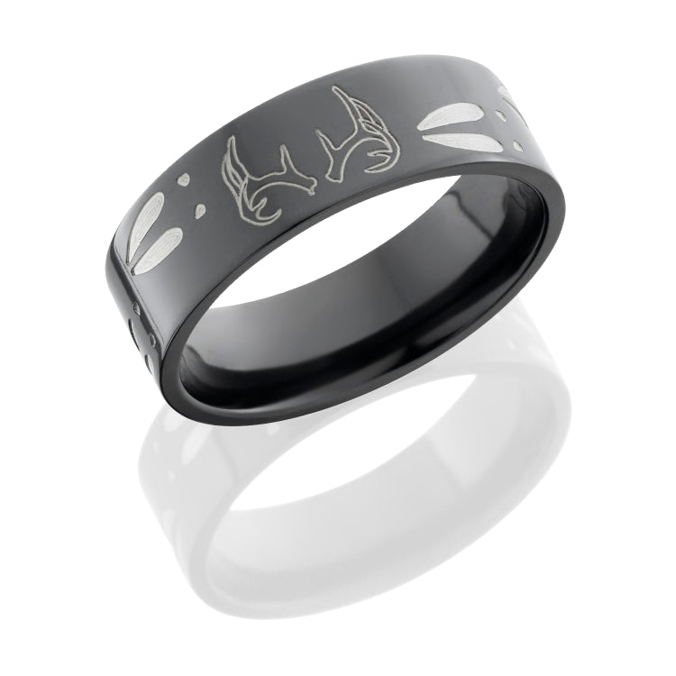 Zirconium 8mm flat band with 1 antler and deer tracks circling the band
