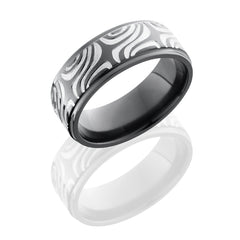 Zirconium 8mm Flat Band with Grooved Edges and Mokume Pattern