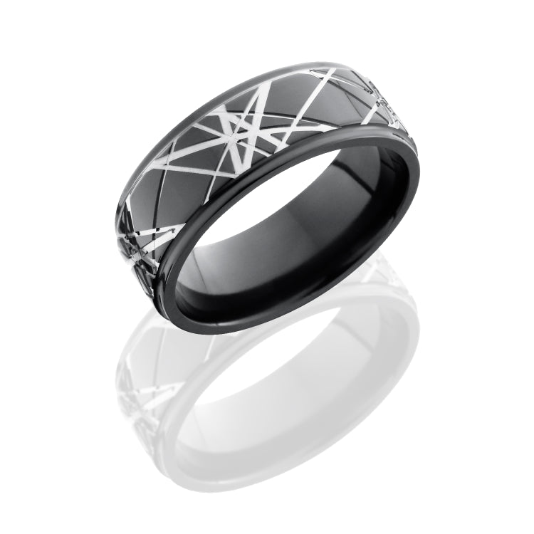 Zirconium 8mm Flat Band with Grooved Edges and Retro Pattern