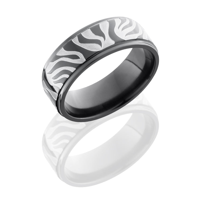 Zirconium 8mm Flat Band with Grooved Edges and Zebra Pattern