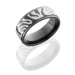Zirconium 8mm Flat Band with Grooved Edges and Zebra Pattern