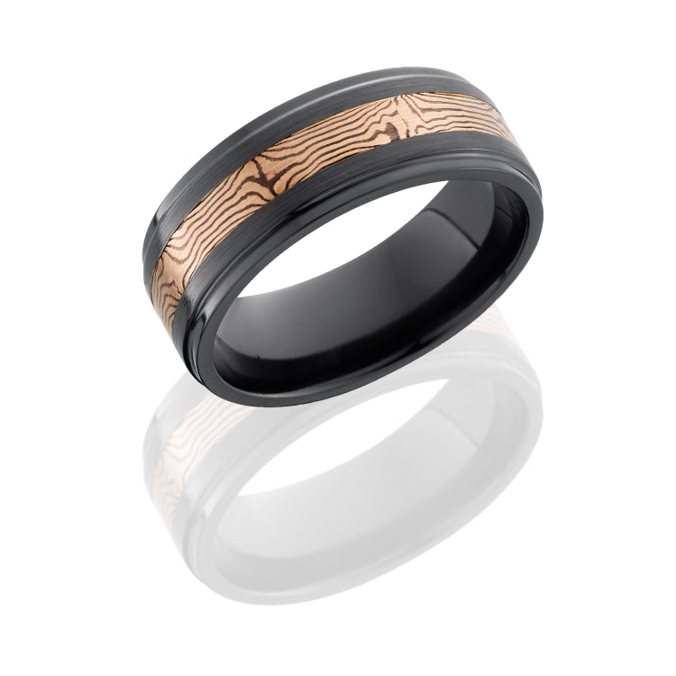 Zirconium 8mm flat band with grooved edges with 3mm 14KR and Shakudo Mokume