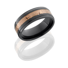 Zirconium 8mm flat band with grooved edges with 3mm 14KR and Shakudo Mokume