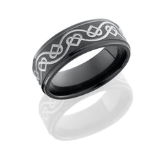 Zirconium 8mm Flat Band with Grooved Edges and Celtic Heart Pattern