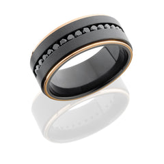 Zirconium 9mm Flat Band with 14K Rose Gold Grooved Edges and 16, .04ct Black Diamonds