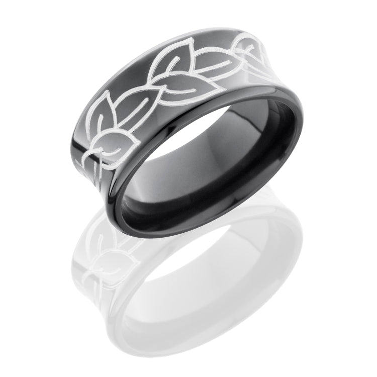 Zirconium 10mm Concave Band with Beveled Edges and Leaf Pattern
