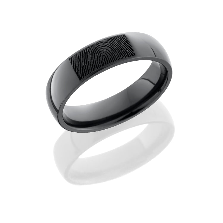 Zirconium 6mm domed band with customized laser carved fingerprint