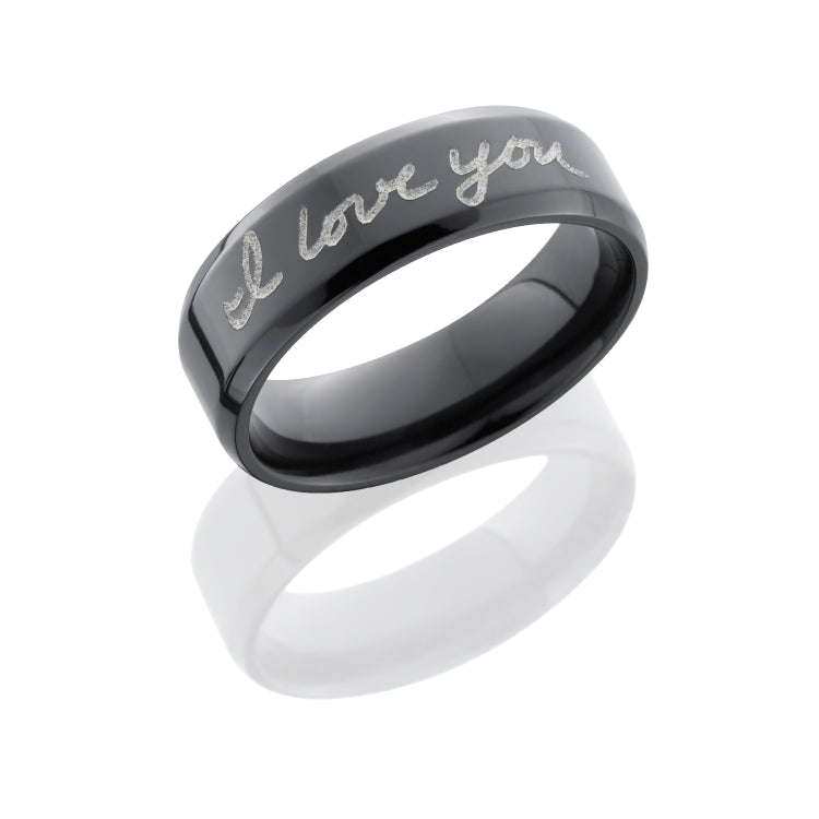 Zirconium 7mm beveled band with laser carved handwriting