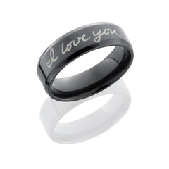 Zirconium 7mm beveled band with laser carved handwriting