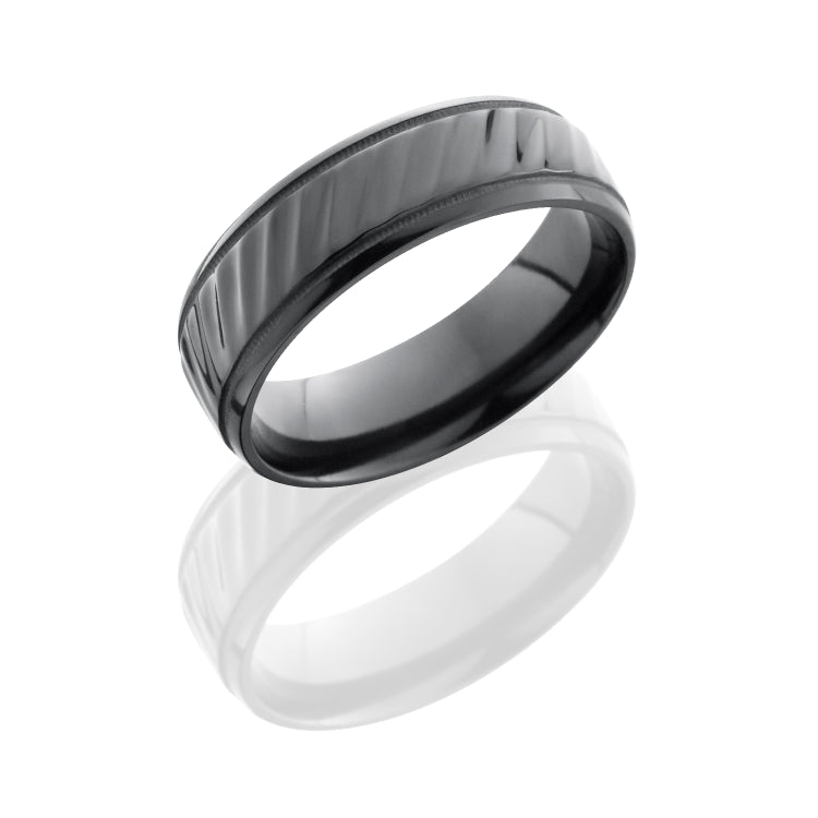 Zirconium 7mm Beveled Band with Milgrain and Striped Pattern
