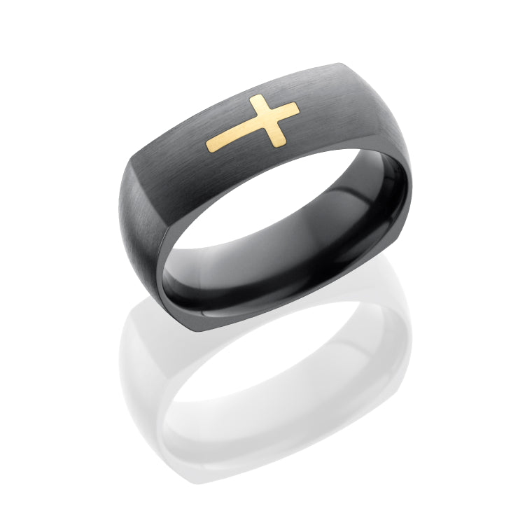 Zirconium 7mm Domed EuroSquare Band with Two 14K Yellow Gold Cross inlays