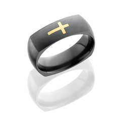 Zirconium 7mm Domed EuroSquare Band with Two 14K Yellow Gold Cross inlays