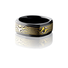 Zirconium 8mm Band with Flat Grooved Edges and Mokume Gane inlay