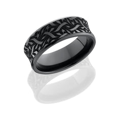 Zirconium 8mm concave beveled band with laser carved Escher 2 design