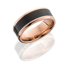 8 mm 18 karat rose gold band with custom beveled band and a 5 mm Elysium inlay.