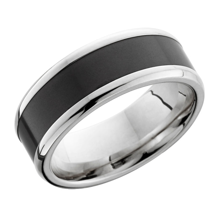 8 mm 18 karat white gold band with custom beveled band and a 5 mm Elysium inlay.