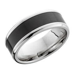8 mm 18 karat white gold band with custom beveled band and a 5 mm Elysium inlay.