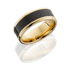 8 mm 18 karat yellow gold band with custom beveled band and a 5 mm Elysium inlay.