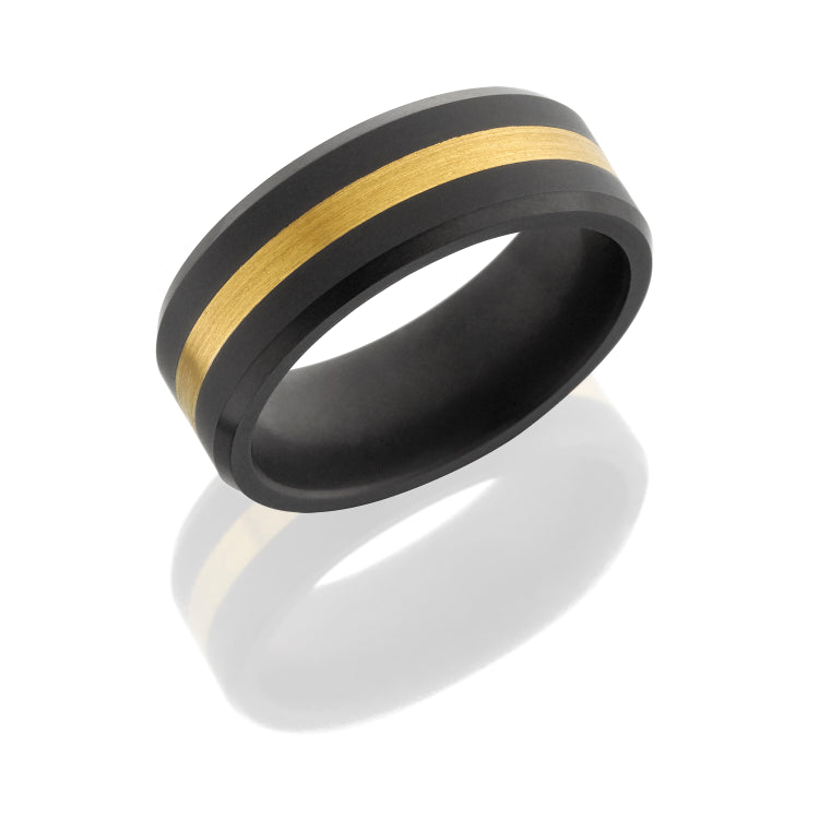 Solid diamond ring with custom beveled edge design. Includes a sterling silver 2 mm inlay.