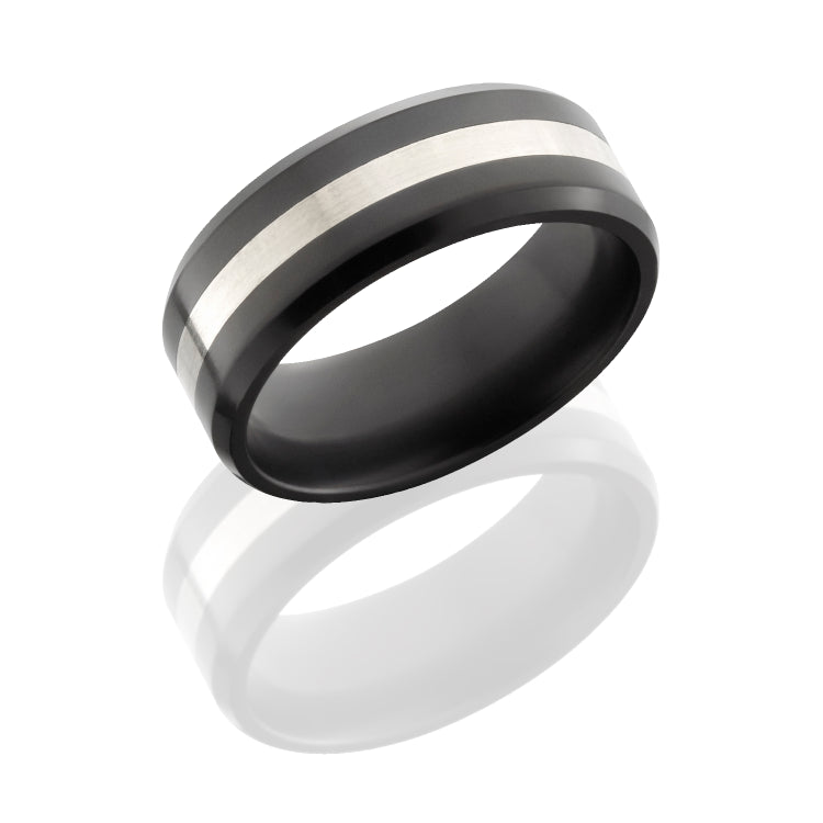 Solid diamond ring with custom beveled edge design. Includes a sterling silver 2 mm inlay.