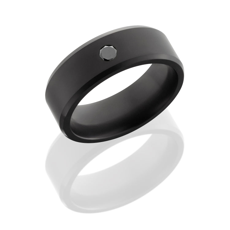 Solid diamond ring with custom beveled edge design. Includes a flush-set diamond with a matte finish.