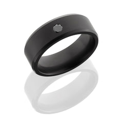 Solid diamond ring with custom beveled edge design. Includes a flush-set diamond with a matte finish.