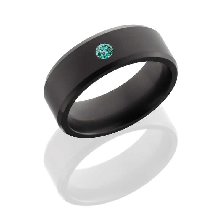 Solid diamond ring with custom beveled edge design. Includes a flush-set diamond with a matte finish.