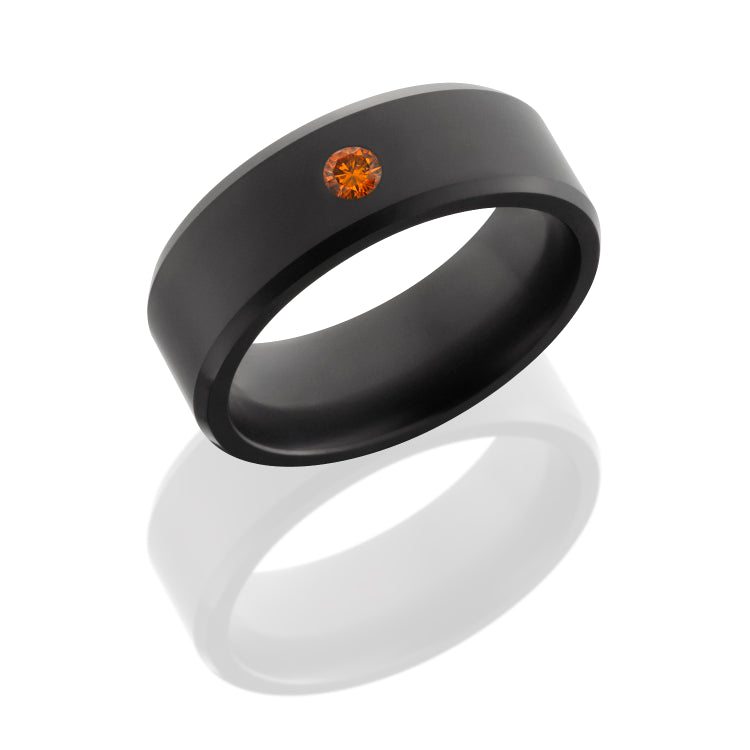 Solid diamond ring with custom beveled edge design. Includes a flush-set diamond with a matte finish.